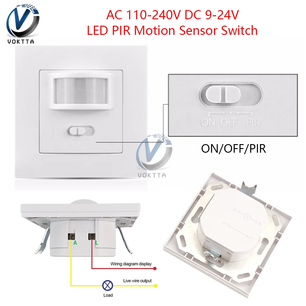 AC 110-240V DC 9-24V LED PIR Motion Sensor Switch 2-wire Human Infrared Automatic Sensing Adjustable Time Delay Switch Panel
