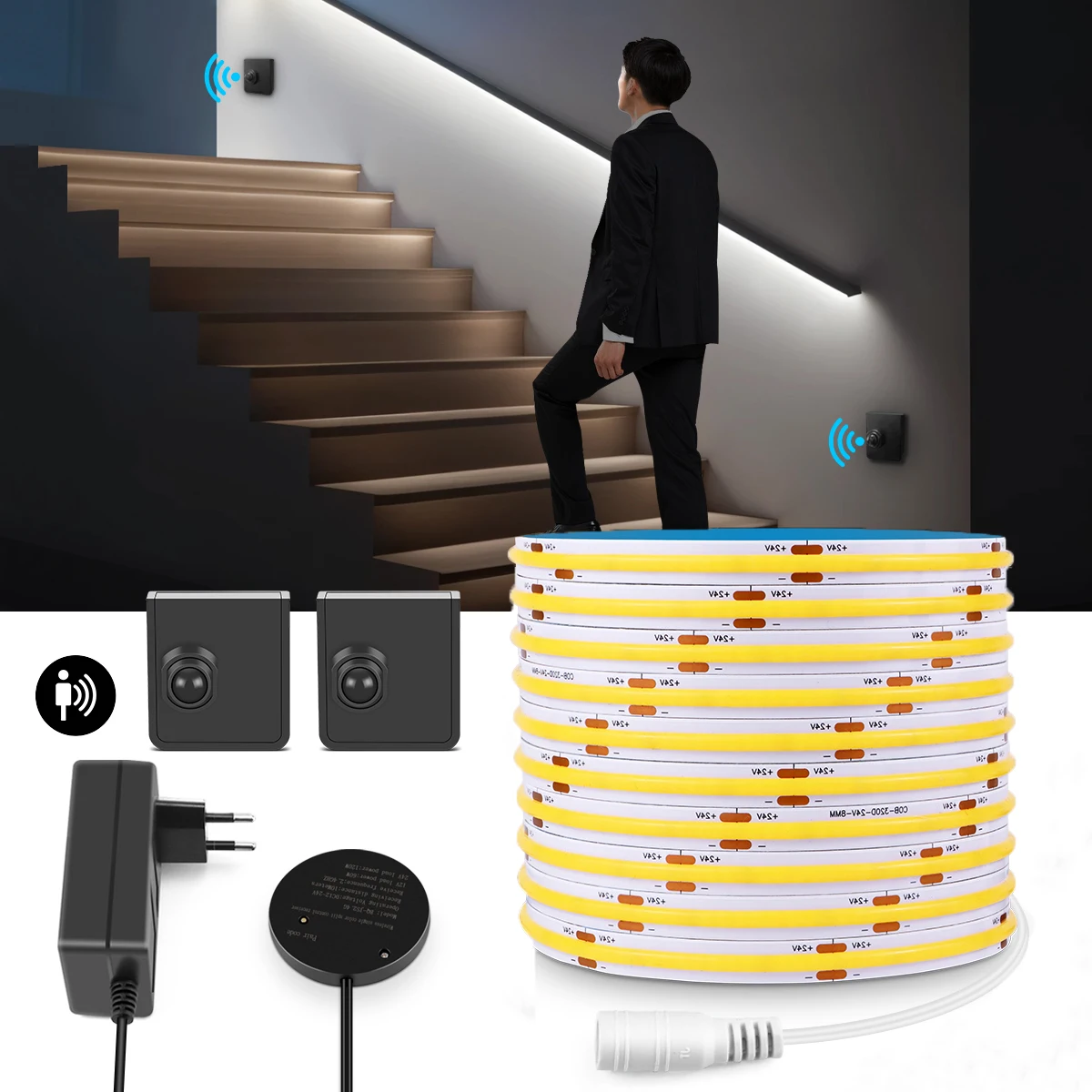 Wireless PIR Motion Sensor LED Strip Light with RF Receiver 10M/5M/3M 24V COB Tape Night Lamp for Stairs Bedroom Corridor