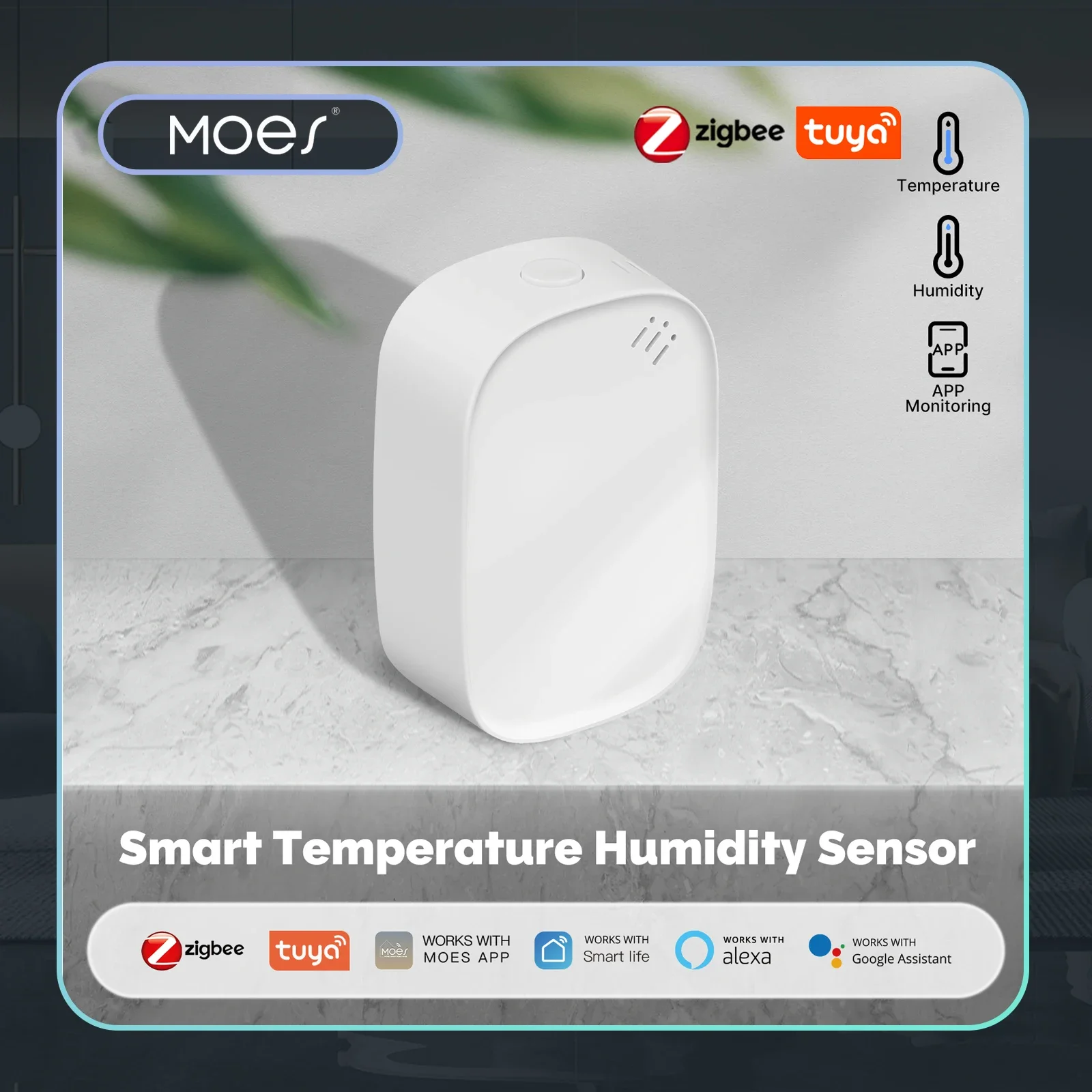 Moes Tuya Zigbee Smart Temperature Humidity Sensor Indoor Hygrometer APP Monitoring Works With Alexa Google Home Battery Powered