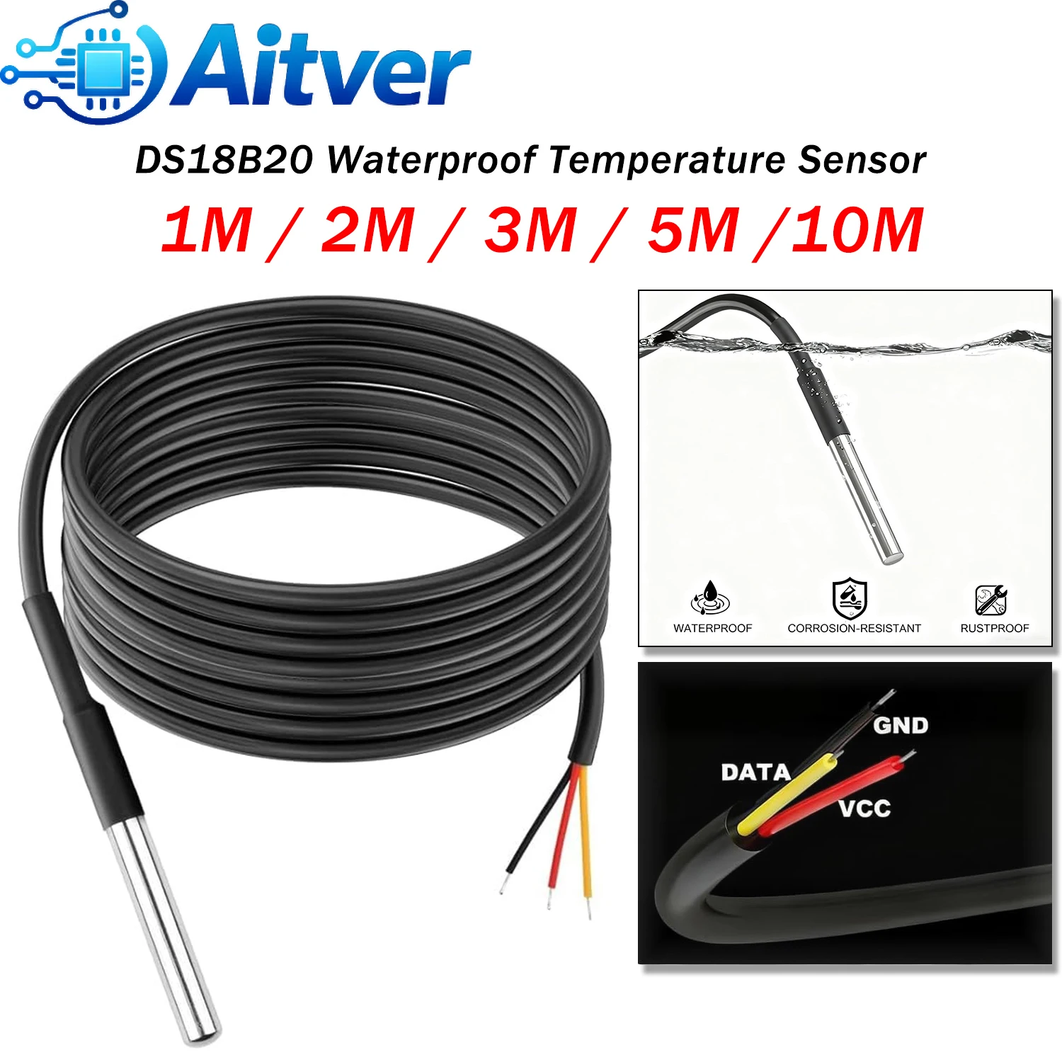 DS18B20 Waterproof Temperature Sensor Probe 1M 2M 3M 5M 10M 3‑Wire Cable Digital Thermometer for Arduino ESP32 Raspberry Pi