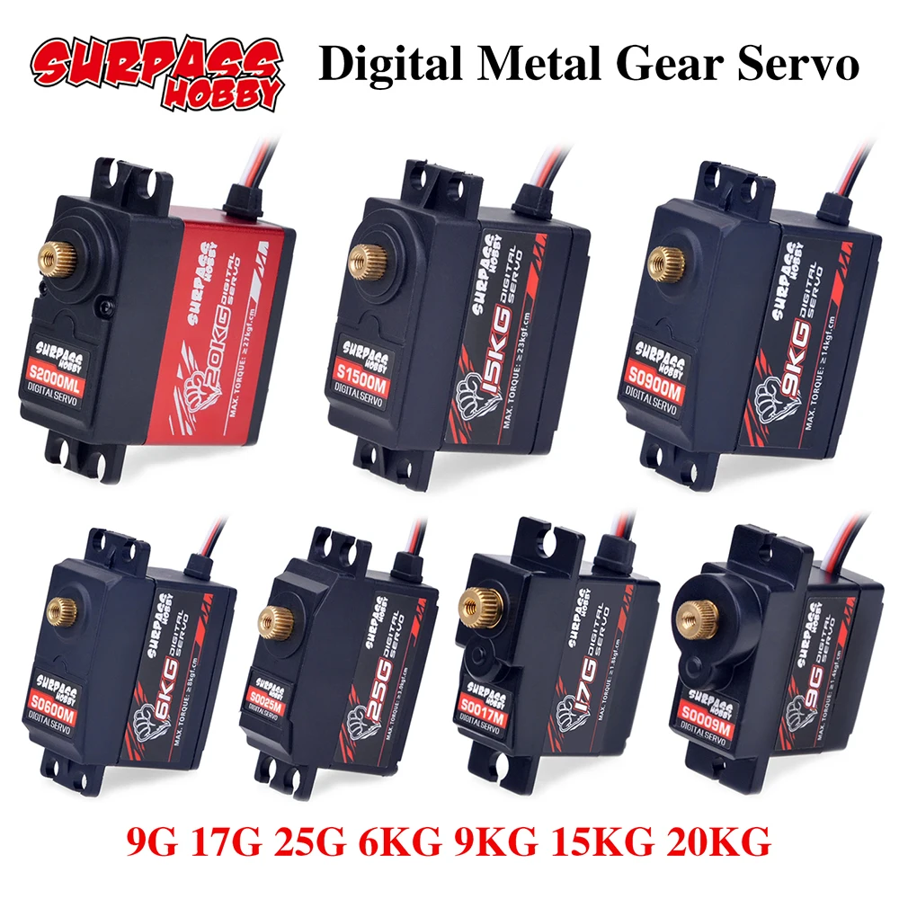 Surpass Hobby Digital Servo 9G 17G 25G 6KG 9KG 15KG 20KG Metal Gear micro Servo for 1/8 1/10 RC Car Plane Airplane Robot Glider