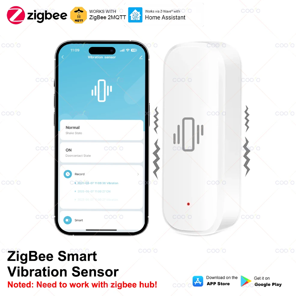 Smart Vibration Sensor ZigBee Sensor Monitor App Control Security Protection Zigbee Sensor Motion Shock Alarm Support Z2M