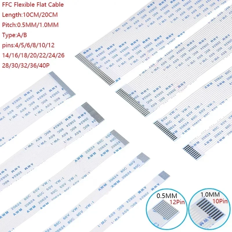 10PCS Flat Flexible Cable FFC FPC AWM 20624 80C 60V VW-1 FFC-0.5MM 1.0MM 4/5/6/8/10/12/14/16/18/20/24/26/30/32 Pin