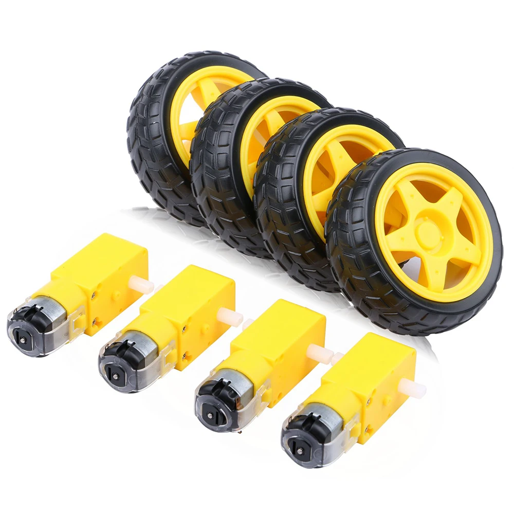 4Pcs DC Electric Motor 3-6V Dual Shaft Geared TT DC Motor Magnetic Gearbox Engine with 4Pcs Smart RC Car Robot Tire Whee