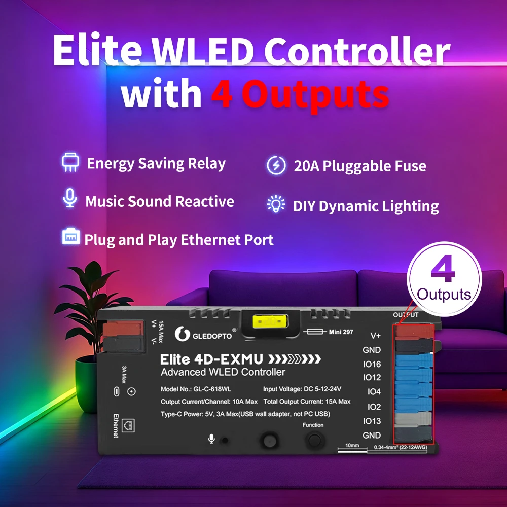 Gledopto Smart Quad-Channel RGB Controller Ethernet and WiFi ESP32 Core Voice Control & Music Reactive Lighting for DIY Project