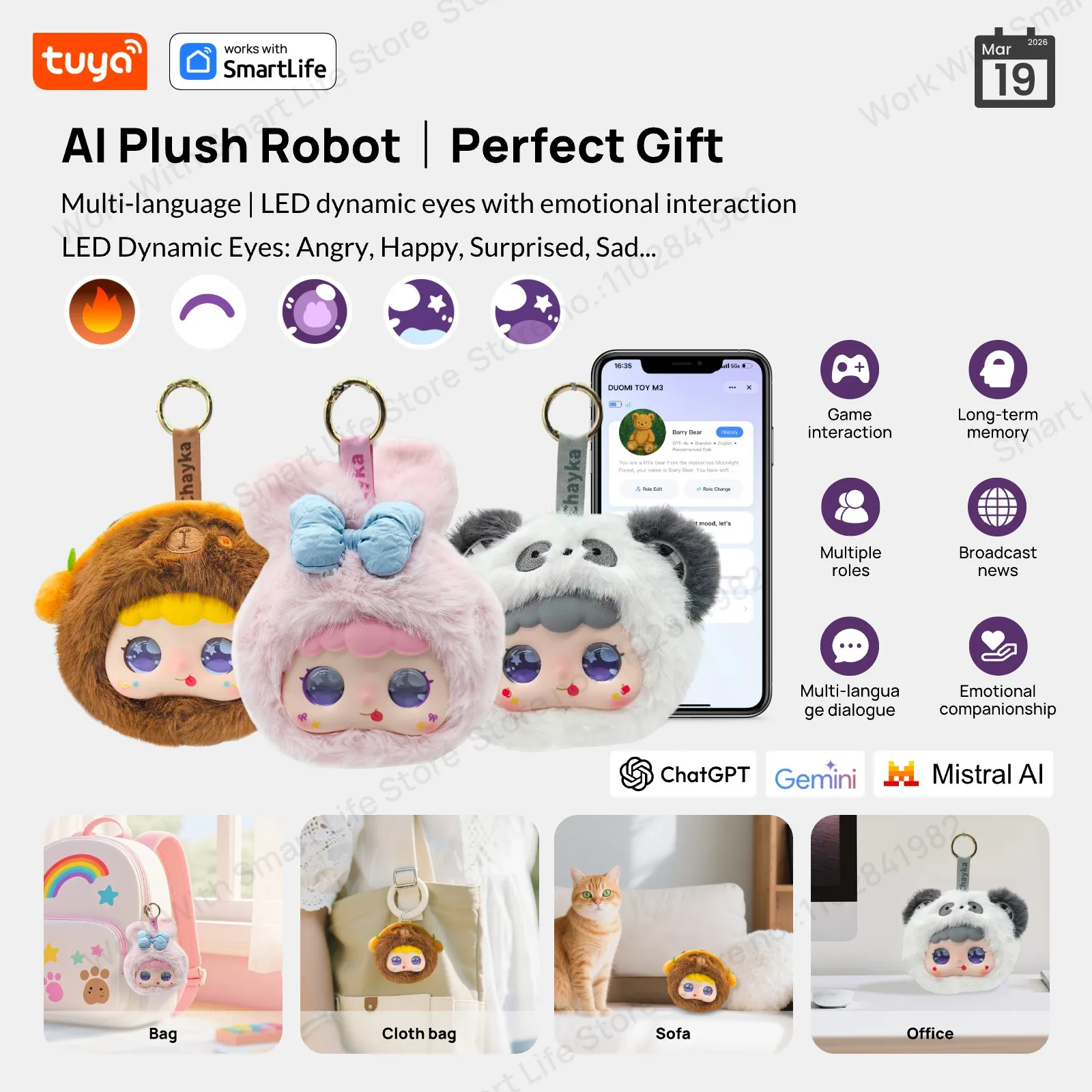Tuya Smart AI Plush Robot w/LED Eyes & Voice Control,Interactive Smart Toy USB Rechargeable Companion for Kids Gifts/Smart Home