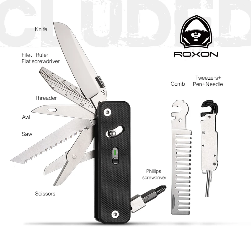 Roxon S503G Flex Companion Tool Modular Design and Customizable Pocket Tool, Preinstalled with 8 Essential Tools (1/4" Bit Drive