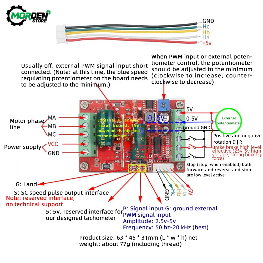 DC 6-60V 400W Bldc Three Phase DC Brushless Motor Controller PWM Hall Motor Control Driver Board 12V 24V 48V