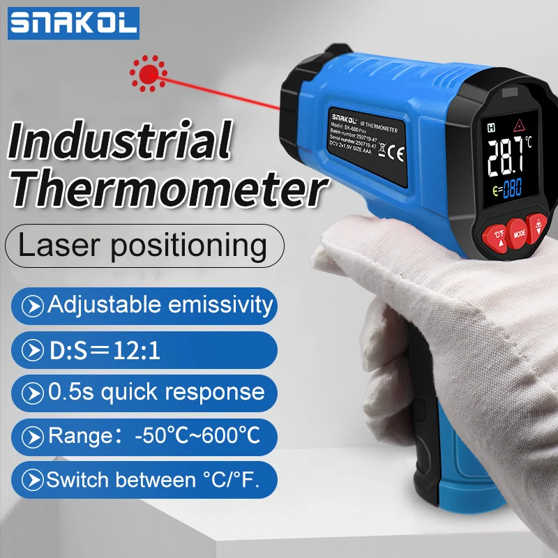 Snakol T600 Infrared Thermometer Non-contact -50~600℃ Digital Laser Temperature Meter LCD display Pyrometer Point Gun Tester