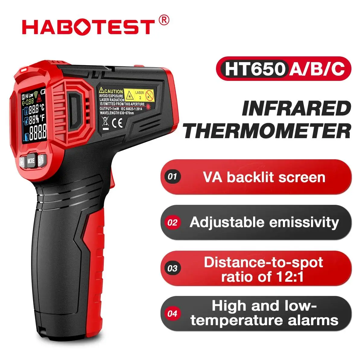 Habotest HT650A,HT650B,HT650C Series Digital Infrared Laser Temperature Non-contact Industrial Laser Temperature Meter Temperatu