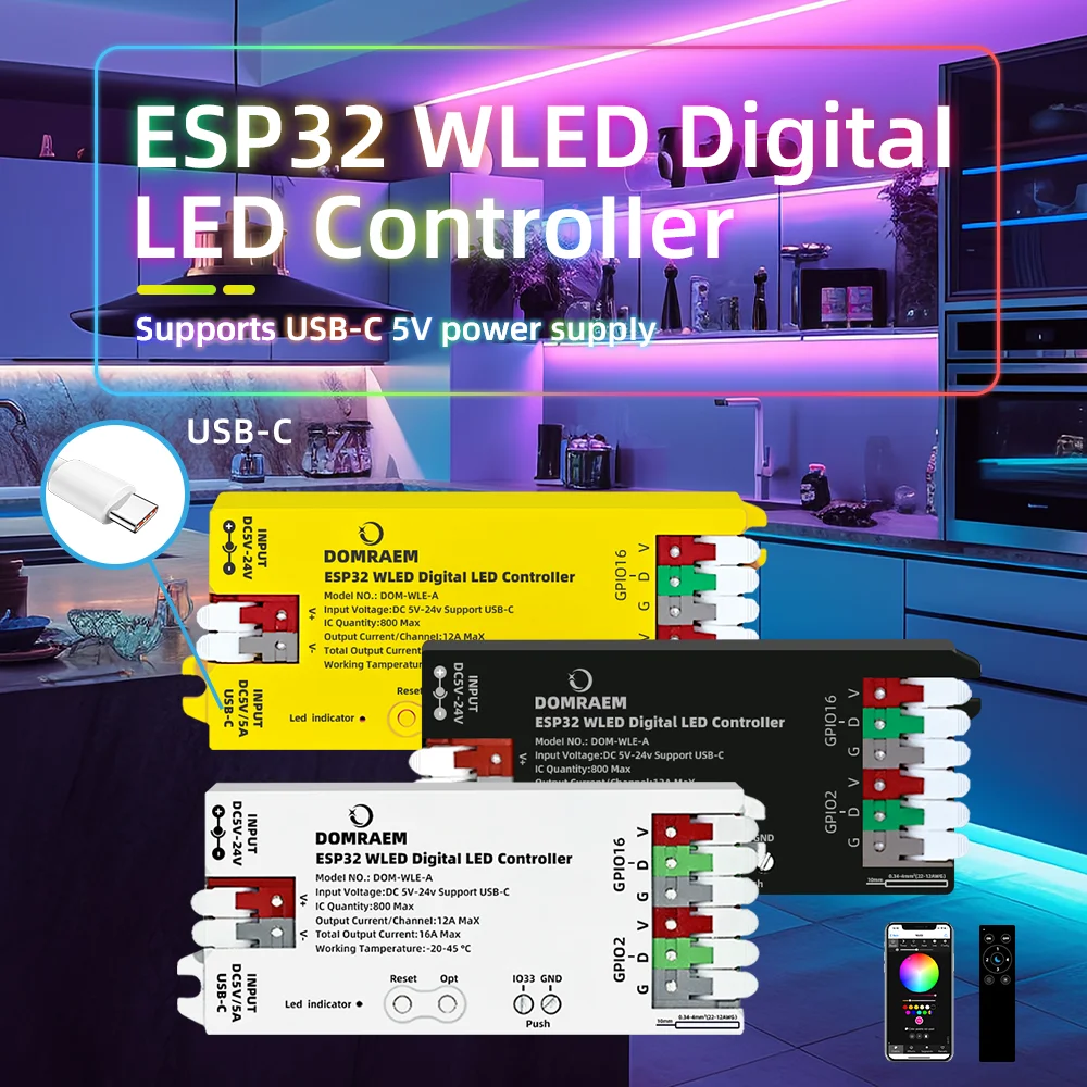 Domraem ESP32 USB-C Wled Digital LED controller RGB IC DIY APP 16A fuse Works with HA/MQTT/Alex WS2811/12/12B/14/05 Sk6812 Strip