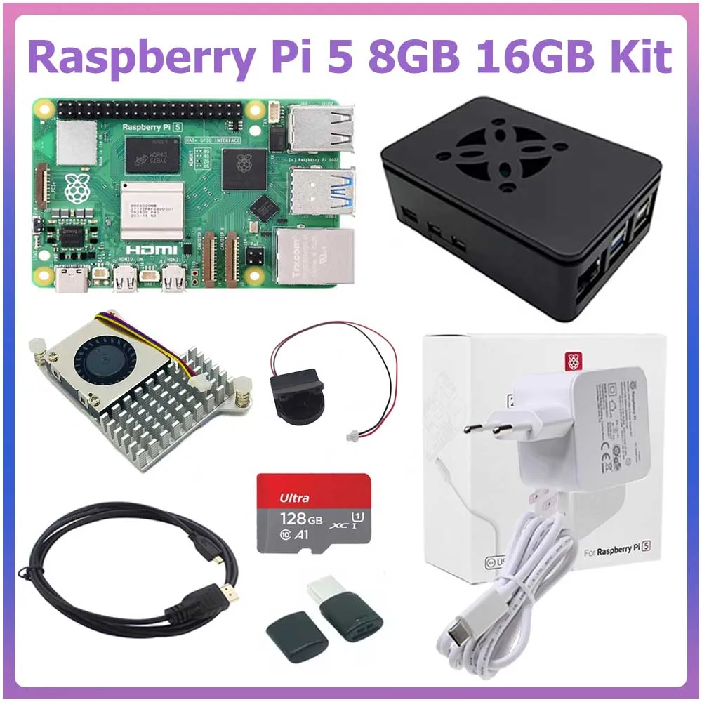 Raspberry Pi5 8GB 16GB Kit Laptop MIni PC Computer,2.4GHz 64bit Quad-core Cortex-A76 Optional Case Fan Power Supply for Pi5