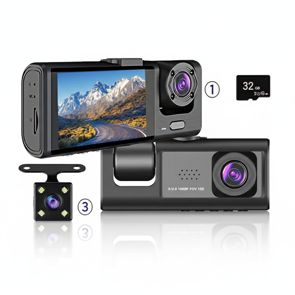 Dash Cam W/ IR Night Vision Loop Recording & 2" IPS Screen 1080P 3 Camera DVR recorder, video recorder, Vehicle DVR