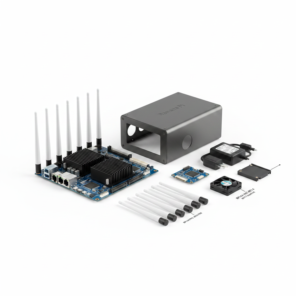 Banana Pi BPI-R4 PRO Router Board Kit with Case Power Supply Fan, MediaTek MT7988A Quad-Core Cortex-A7, 8GB DDR4 8GB eMMC