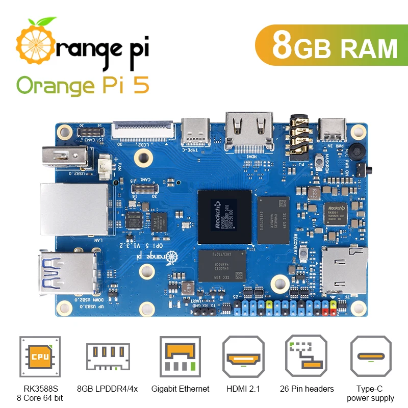 Orange Pi5 8GB RAM RK3588S 8 Core Gigabit Ethernet Pcie SSD Single Board Computer Support Android12 Debian11