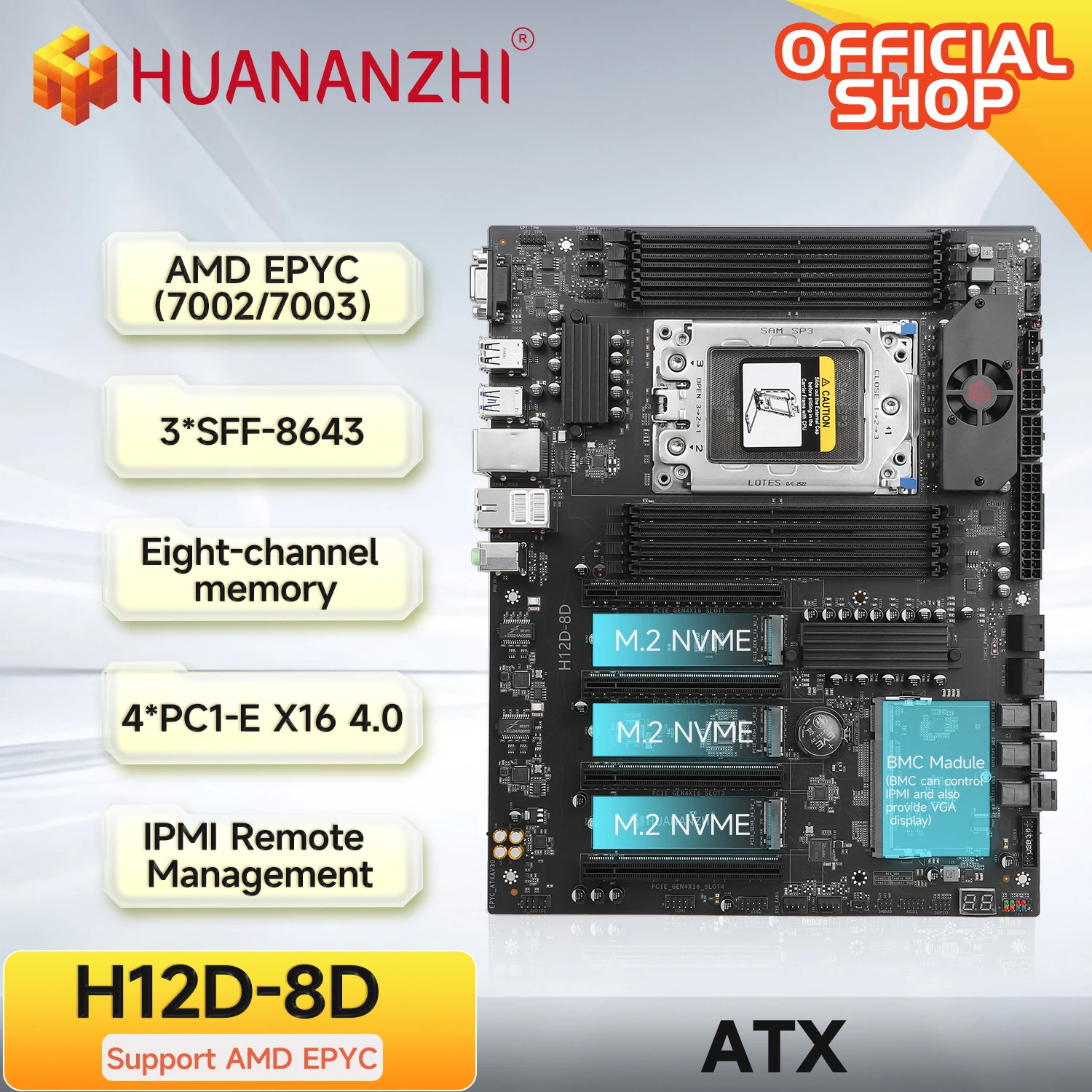 Huananzhi H12D 8D AMD Motherboard with BMC module support AMD Epyc 7002 7003 series CPU 8 channel memory Dual 2.5G network