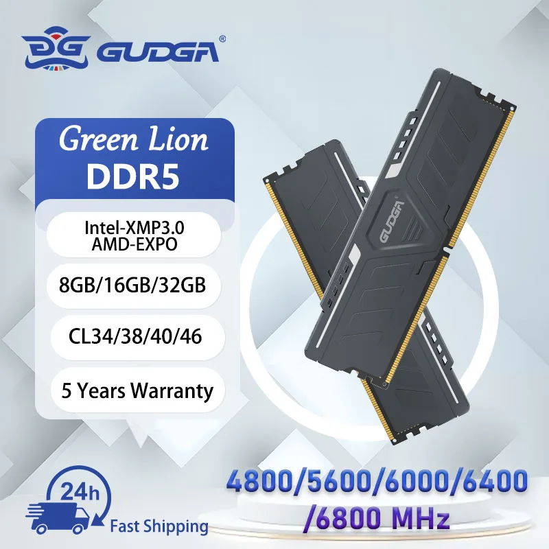 Gudga RAM DDR5 Memory 8GB/16GB/32GB 4800-6800MHz Memoria RAM Udimm Desktop with Aluminum Heatsink for Diy Gaming Computer Memory