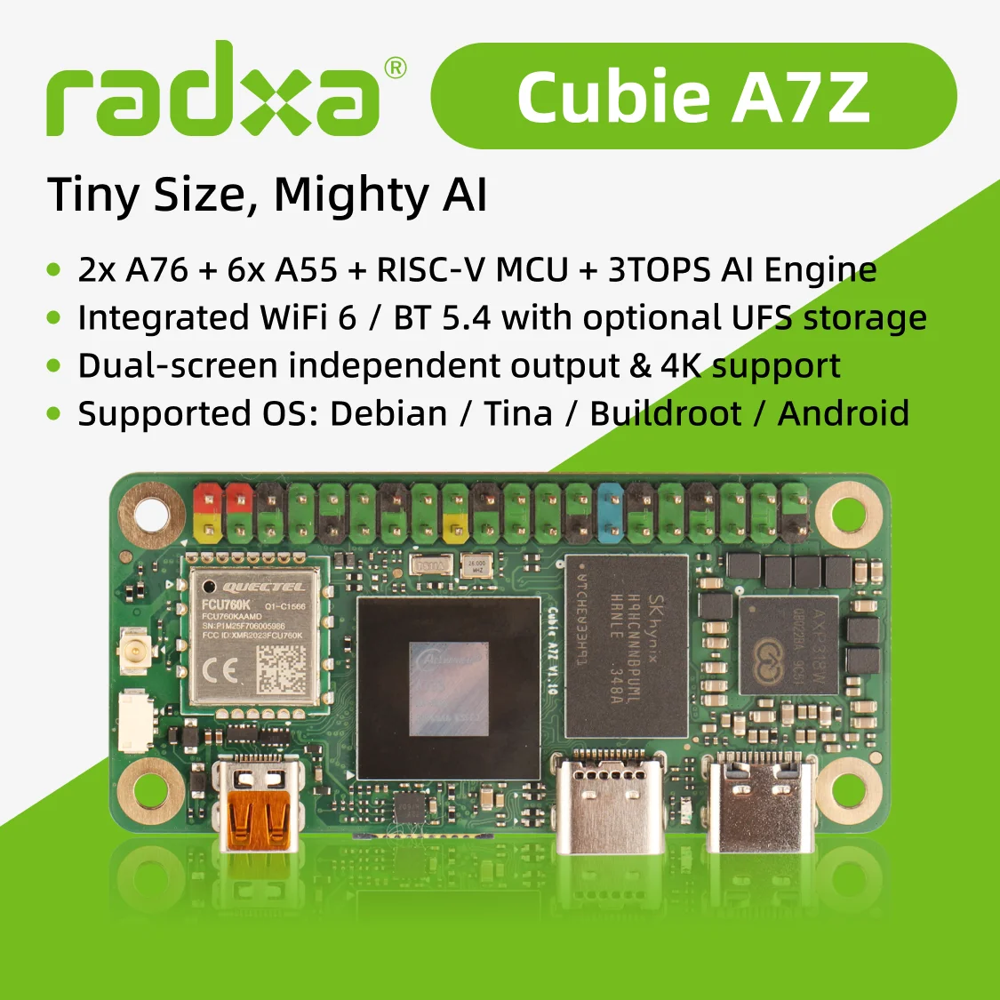 Radxa Cubie A7Z,Allwinner SoC with octa-core CPU, dual-screen display, and RISC-V Coprocessor,Single Board Computer