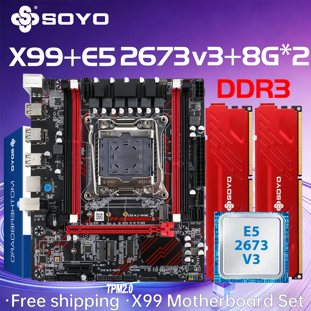 Soyo X99 DDR3 Motherboard E5 2673 V3 CPU 16GB(8G*2)RAM Memoria xeon Intel LGA2011-3 PC gamer PCIE16x3.0 NVMe M.2 TPM2.0 Desktop