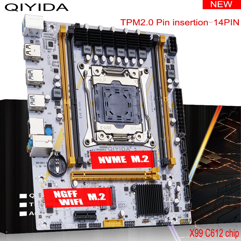 Qiyida X99 Motherboard LGA2011-3 Slot SATA3.0 USB3.0 Nvme M.2 Ngff Wifi Support DDR4 Memory and Xeon E5 V3 V4 Processor TPM14PIN