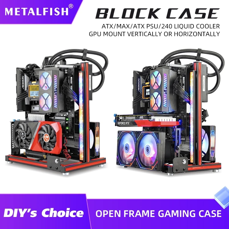Metalfish BlockCase Aluminum Open Frame Case Support ATX/M-ATX Mainboard GPU Mount Horizontally 240 Water Cooler Gaming Cabinet