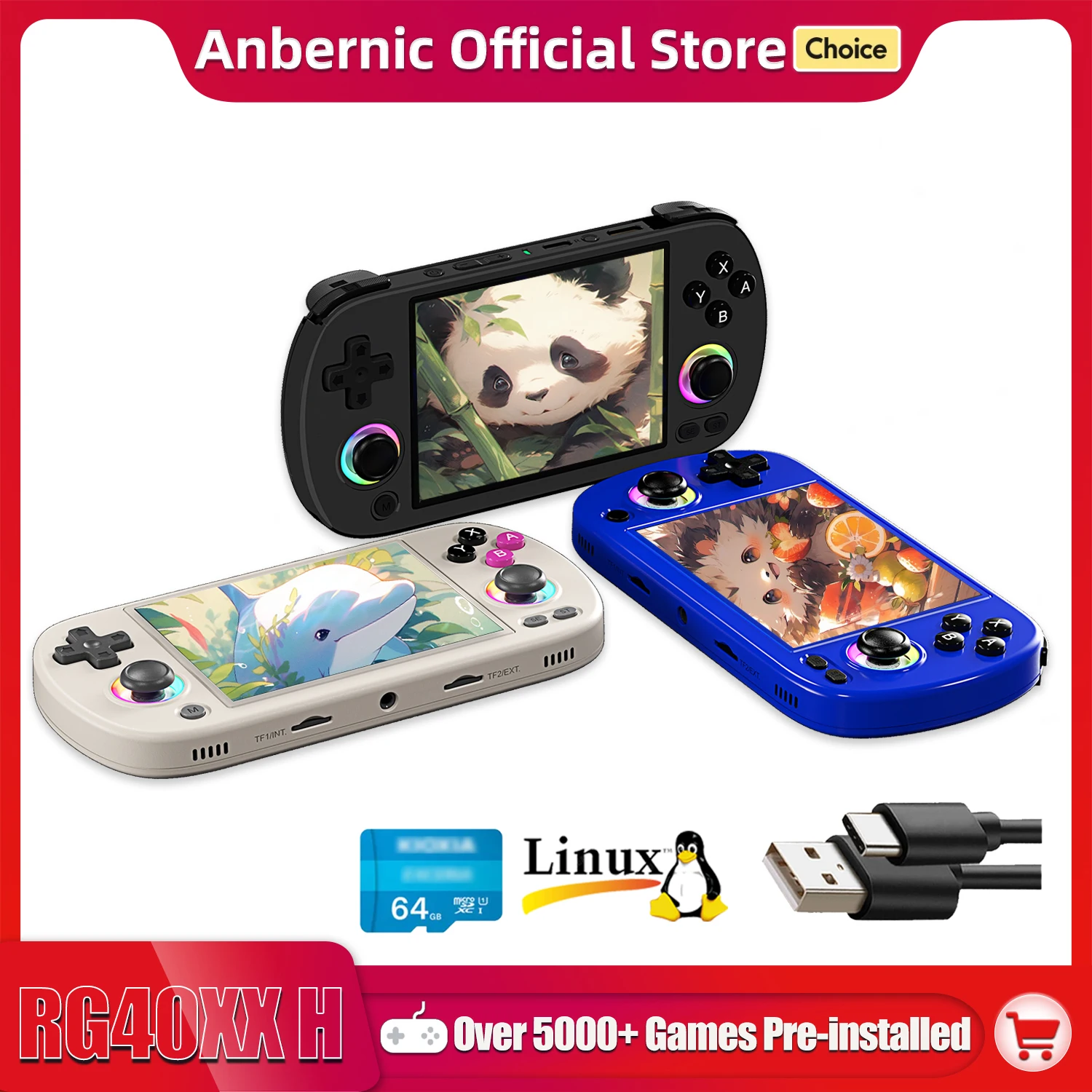 Anbernic RG40XX H Handheld Game Console 4.0-in 640*480 IPS Screen 3200mAh 64 Bit System With RGB Light Built in 5K+Games RG40XXH