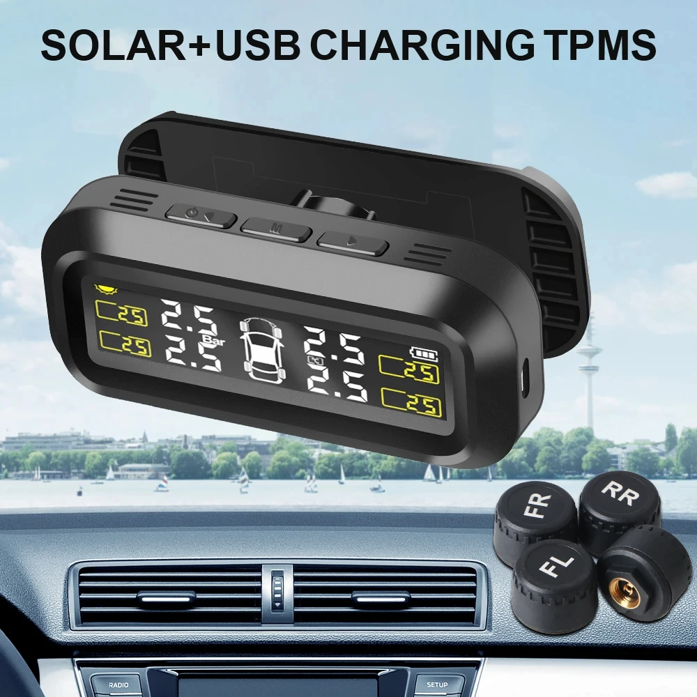 Solar Power External Sensor 2025 Auto Security Alarm Tyre Pressure Car Tpms Tyre Pressure Monitoring System Digital LCD Display