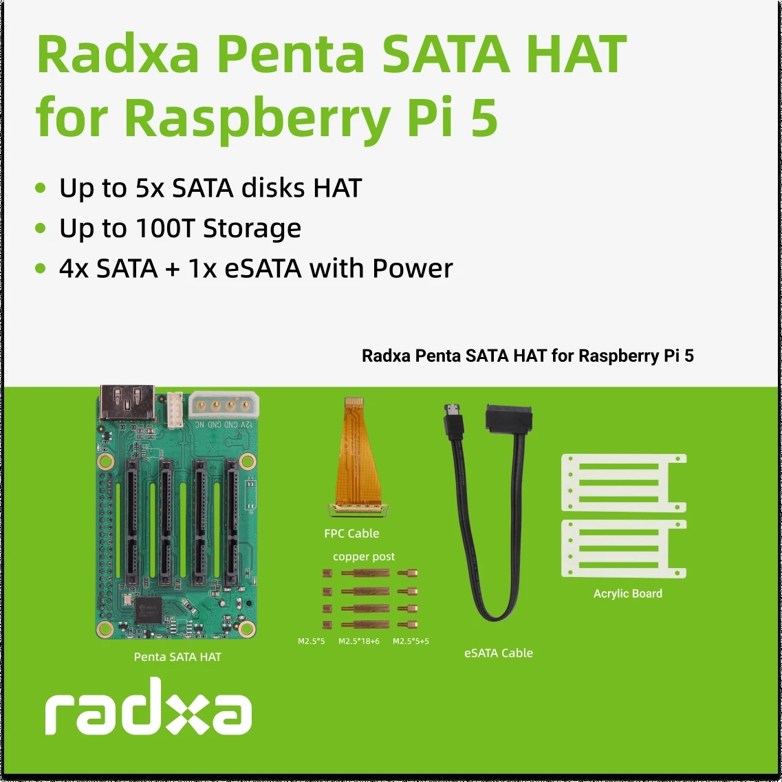 Radxa Penta Sata HAT - Up to 5x Sata disks HAT for Raspberry Pi 5 and Rock Pi SBCs,3C,5A, 4A / 4B / 4SE / 4A+ / 4B+ / 3A