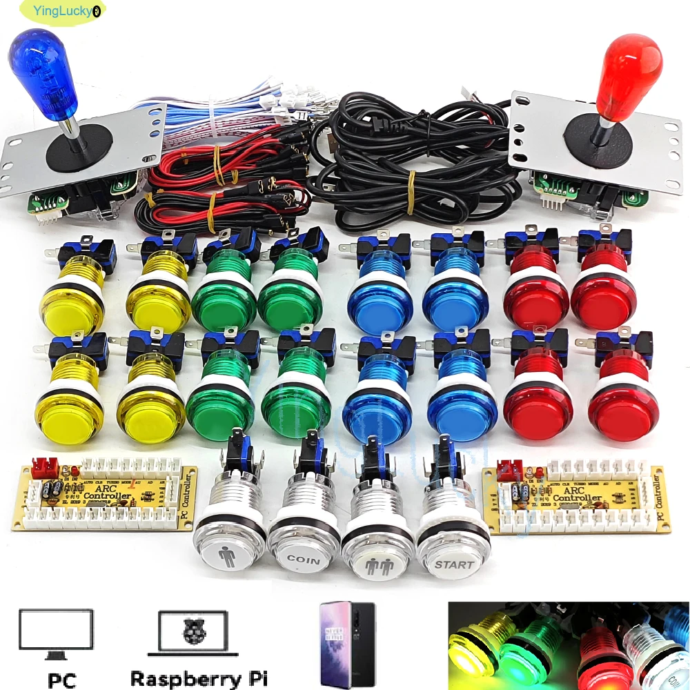2 Player DIY Arcade Game Kit for PC Raspberry Pi with LED Push Buttons American Style Joystick USB Encoder Cables Mame Jamma